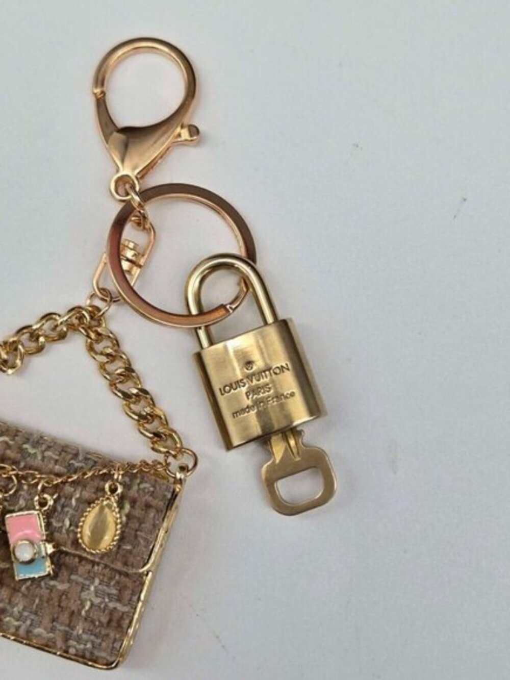 Authentic Louis Vuitton Padlock & Key Gold ✨Unbranded Tweed Bag Charm Keychain - Picture 7 of 10